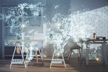 Double exposure of social network theme drawing and office interior background. Concept of web.