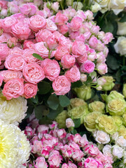 A lot of bush roses of different varieties, shades. Flowers in a flower shop for gifts. Incredibly beautiful Roses