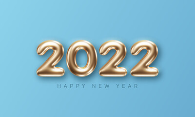 2022 New Year card template with golden 3d numbers on light blue background
