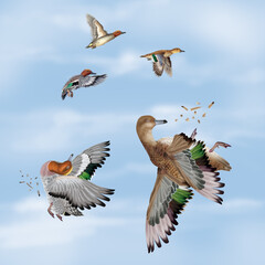 la chasse, tirer, canard, siffleur , femelle, mâle, volant, ciel, vol, atteindre, tuer, oiseau, animal, nature, ailes, faune, bleu, blanc, sauvage, mer, oie, empennage, liberté