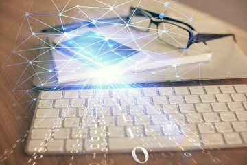 Double exposure of data theme drawing and mobile phone background. Concept of innovation