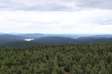 Fototapeta na wymiar A view to the landscape with extensive forest from mountain Jizera, Czech republic