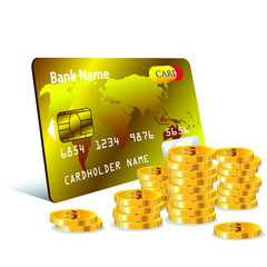Dollar coins with gold credit cards isolated