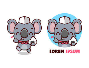 CUTE KOALA WEARING CHEF HAT AND RED SCARFT IS EATING ONIGIRI. CARTOON MASCOT.