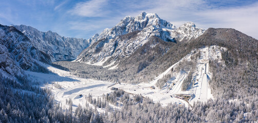 Aerial view of Ski Jump in Planica, Slovenia at Ratece near Kranjska gora in winter with snow.