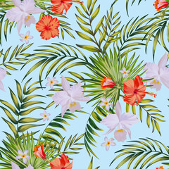 Fototapeta na wymiar Tropical vector seamless background. Jungle pattern with exitic flowers, and palm leaves. Stock vector. Jungle vector vintage wallpaper.