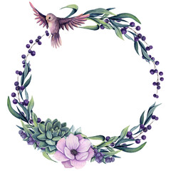 Wreath of Watercolor Little Berries, Succulent and Bird