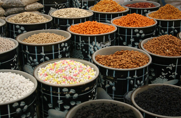 Nuts, sweets, dried fruits in the Turkish market.