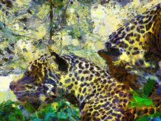 Leopard in various poses Illustrations creates an impressionist style of painting.