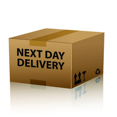 Next day delivery cardboard box with text icon for web shop isolated