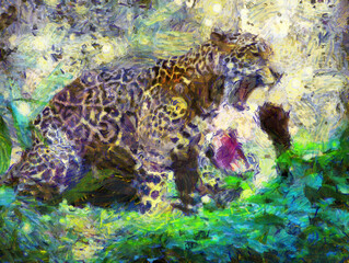 Leopard in various poses Illustrations creates an impressionist style of painting.