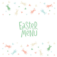 Happy Easter menu - rabbit, bunny minimalistic style with lettering sign and frame. Vector stock illustration isolated on white background for restaurant, kids menu, template for invitation. EPS10
