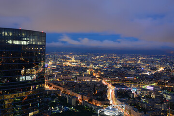MOSCOW, RUSSIA - September 28, 2020: Night panoramic view of Moscow from observation deck named Only love is above