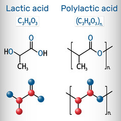 Lactic acid (E270) and polylactic acid molecule. Monomer and polymer, polylactide, PLA, bioplastic, thermoplastic polyester. Structural chemical formula and molecule model - obrazy, fototapety, plakaty