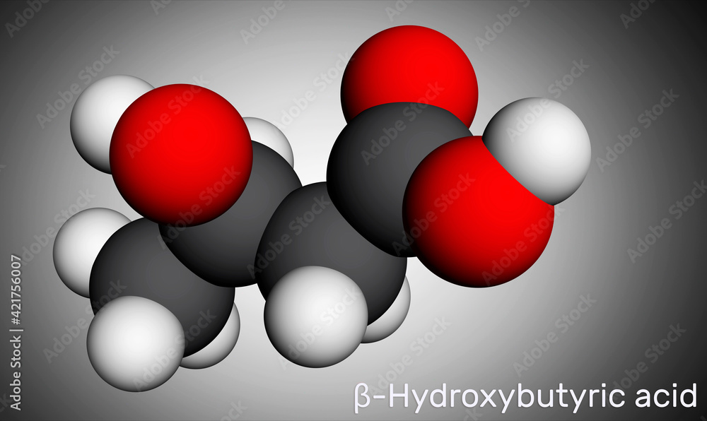 Wall mural Beta-Hydroxybutyric acid, 3-hydroxybutyric acid molecule. It is beta hydroxy acid, is precursor to polyesters, biodegradable plastics. Molecular model. 3D rendering