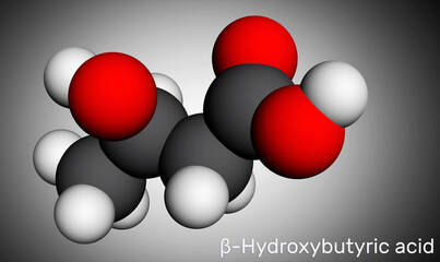 Beta-Hydroxybutyric acid, 3-hydroxybutyric acid molecule. It is beta hydroxy acid, is precursor to polyesters, biodegradable plastics. Molecular model. 3D rendering
