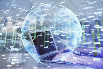 Multi exposure of woman hands typing on computer and business theme hologram drawing. Success concept.