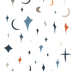 Hand drawn vector abstract stock graphic illustration art seamless pattern,with modern collage nature contemporary print of boho shapes,silhouettes,moon and stars isolated on white background