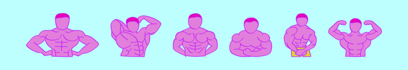 set of body building cartoon icon design template with various models. vector illustration isolated on blue background
