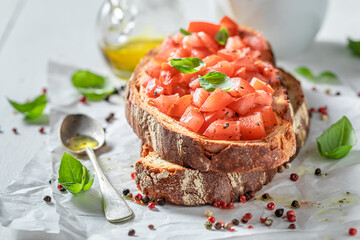 Tasty bruschetta with fresh tomato for breakfast. Italian cuisine.