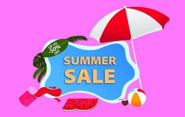 Summer sale banner. Poster with 50% discount, tropical leaves, watermelon, beach umbrella, cocktail and ball.