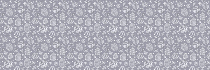 Seamless pattern with decorative eggs and flowers. Easter background. Vector