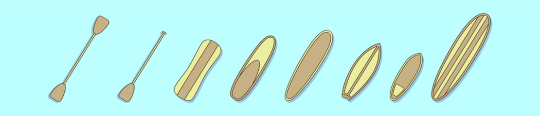 set of paddle board cartoon icon design template with various models. vector illustration isolated on blue background