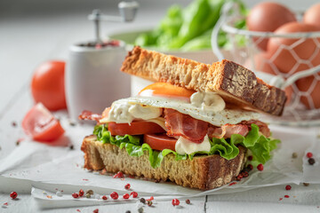 Tasty toasted bread with egg, vegetables and bacon. British breakfast.