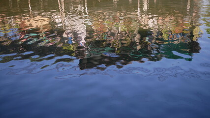 Blurred reflections of houses in the canal water. Surface abstract background,  water surface background.
