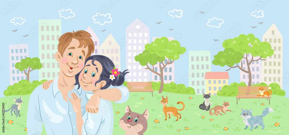 Canvas Prints Young happy couple of young man and woman walk in the summer city park with cats. Couple in love. People and animals. In cartoon style. Vector illustration.