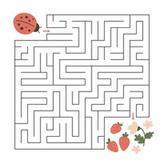 Spring maze game for children and adults. Help the ladybug find right way to strawberries. Educational worksheet. Cute hand drawn character.