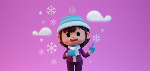 Obraz na płótnie Canvas 3D render illustration of cute Weather Forecast Women Reporter character in warm cloth speaking on microphone in cold winter, snowy day