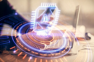 Multi exposure of man's hands holding and using a digital device and data theme drawing. Innovation...