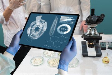 A tablet with infographics in the hands of a scientist. Grain analysis in the laboratory.