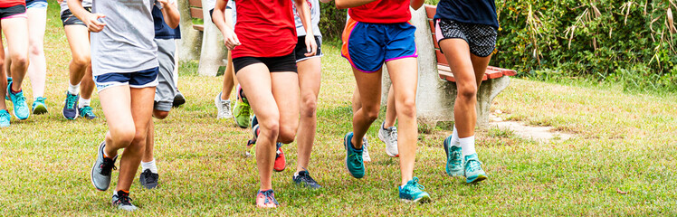 Fototapeta premium Large group of girls running in a park together