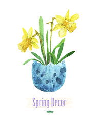 Flowers in an eggshell. Spring narcissus. Watercolor vase egg. Easter decor