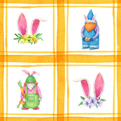 Watercolor Easter tartan seamless pattern. Cute gnome, bunny ears with spring flowers