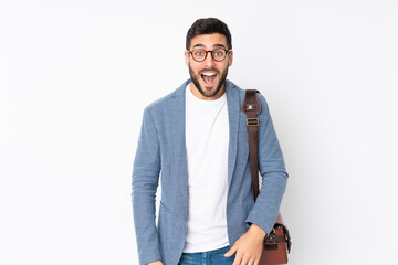Fototapeta premium Caucasian business man isolated on white background with surprise facial expression