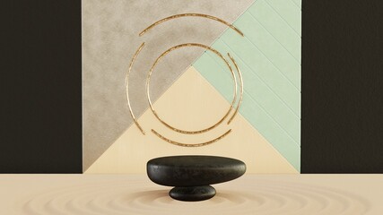 Zen garden with abstract wall and circles 3d render template