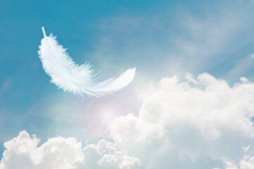 Beautiful Soft and Light Fluffy White Feather Floating in The Sky with Clouds. Abstract. Heavenly...