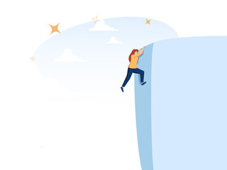 Business ambition and achievement for businesswoman vector concept. Woman climbs on top of cliff. Symbol of success.