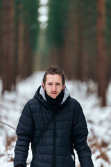 Handsome young man standing in a snowy forest looking straight into the camera