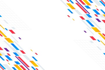 Geometric colorful background, decorated with stacked colorful squares geometric shapes. White background scene and colorful squares. 