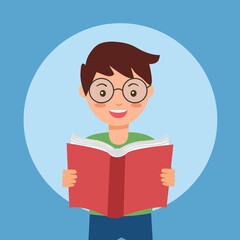 Boy kids enjoy reading book in flat design. Reading time concept vector illustration. I love reading. Knowledge and education.