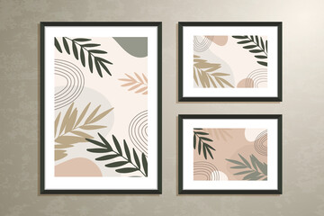 Vector wall art set, three posters with abstract botanical shapes and leaves, pastell colors