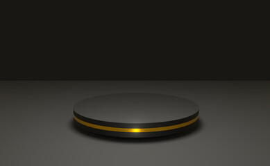 Empty podium or pedestal display scene on black background with cylinder stand concept. Blank minimal product shelf standing backdrop. Stage platform showcase, product, sale, banner, cosmetic. 3D rend