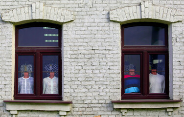Fototapeta na wymiar Female mannequins inside an old house, Color Effect