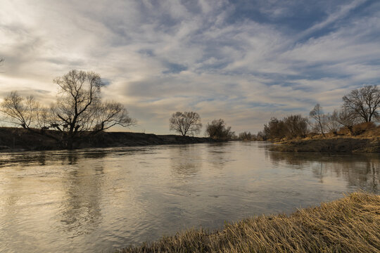 landscape, riverside, sunset, beautiful cloudy sky