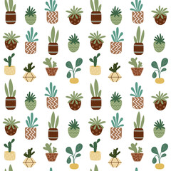 Home potted plants seamless pattern. Indoor flowers. Pattern in earthy and natural colors in boho style