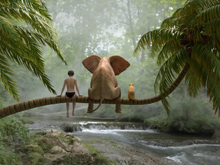 child, elephant elephant and dog sit on a palm tree in tropical forest